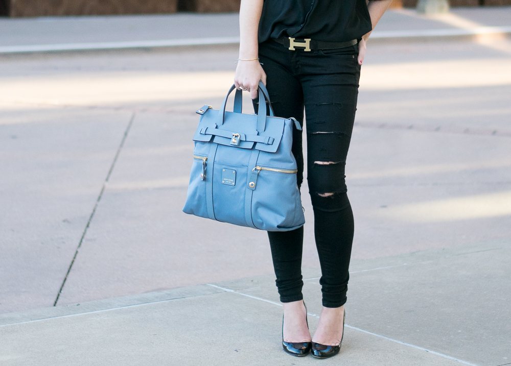 Black outfit henri bendel backpack jetsetter blue
