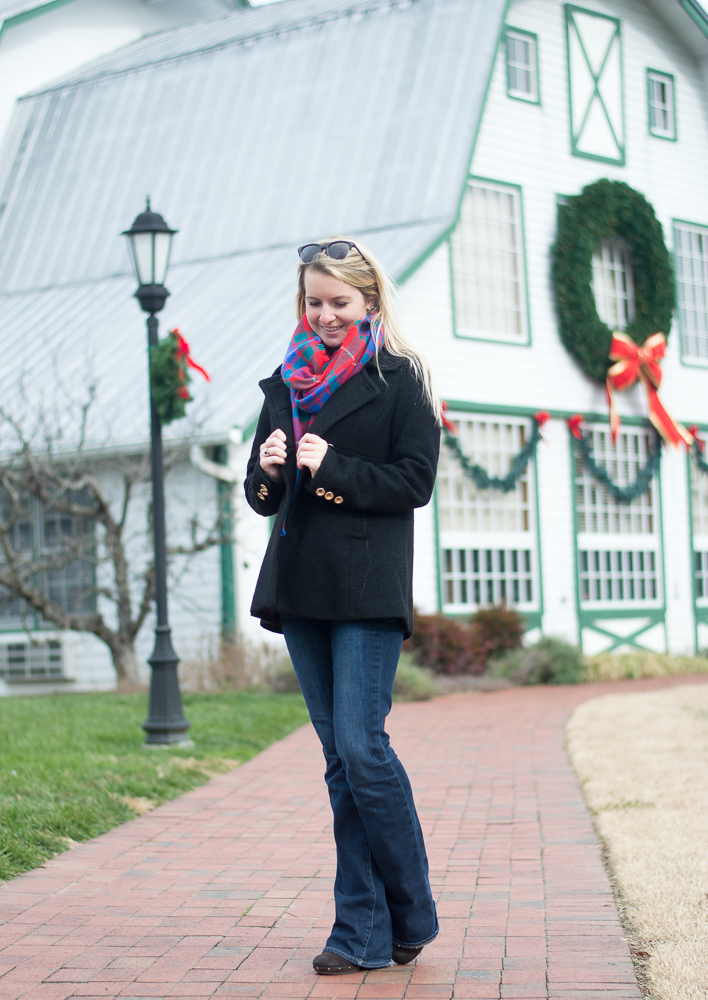 pea coat and blanket scarf
