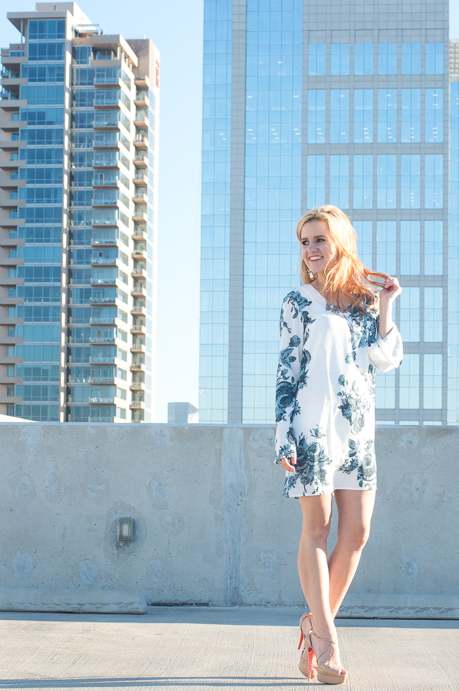 blue and white floral dress