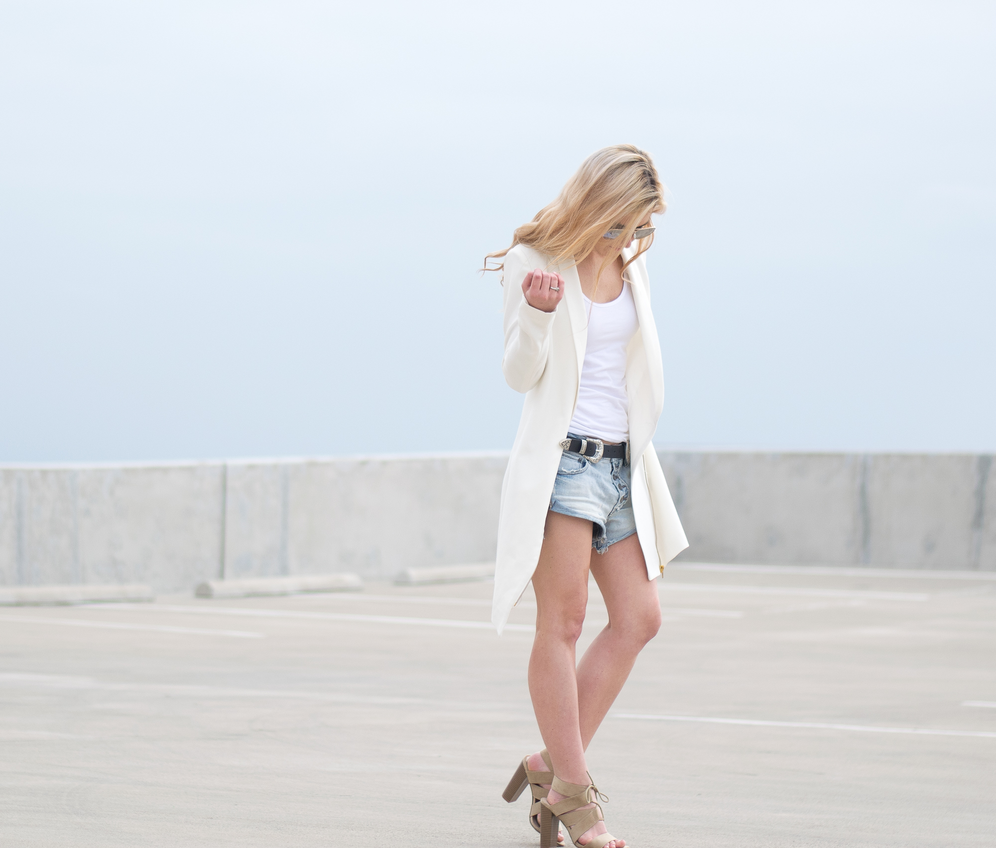 white blazer denim cutoffs