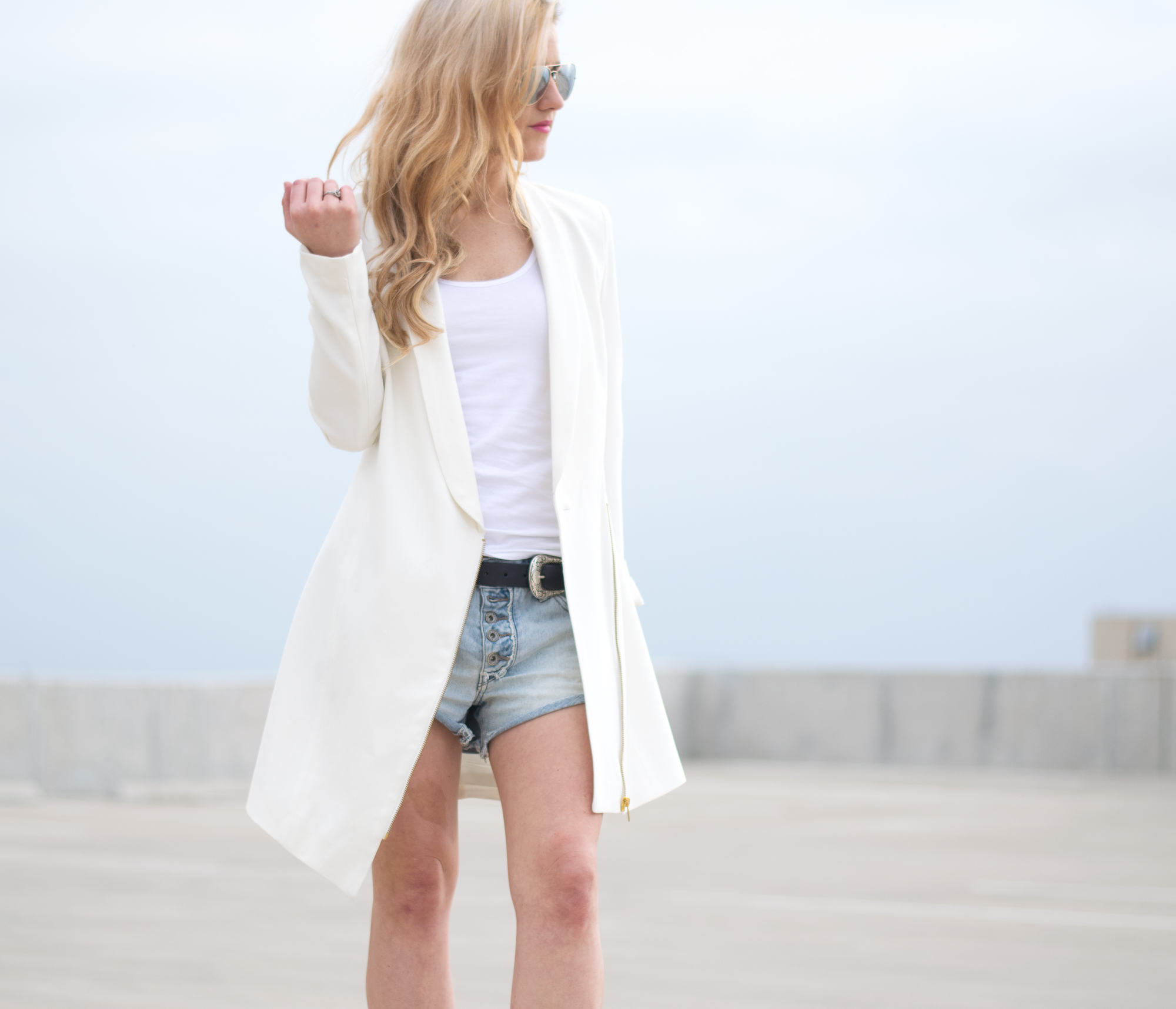 white blazer denim cutoffs