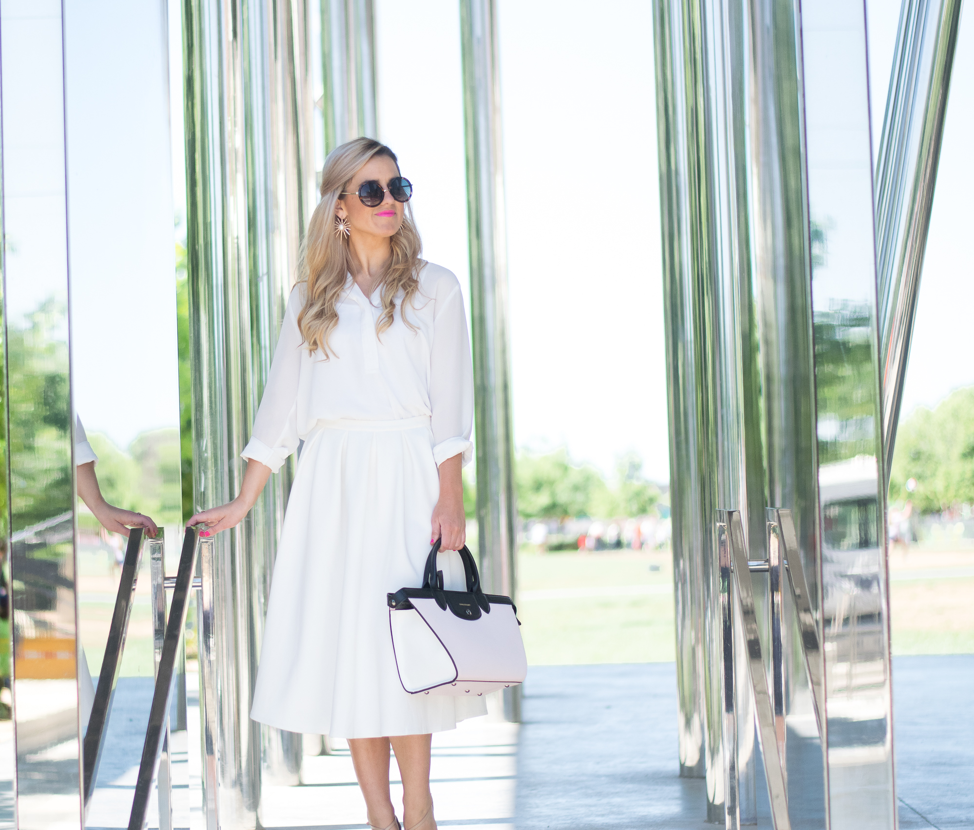 white midi skirt and white blouse