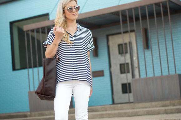 striped top and white pants