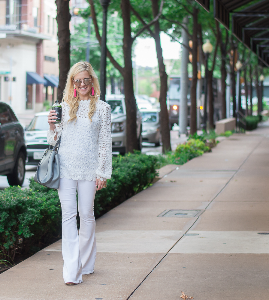 white top white flared jeans
