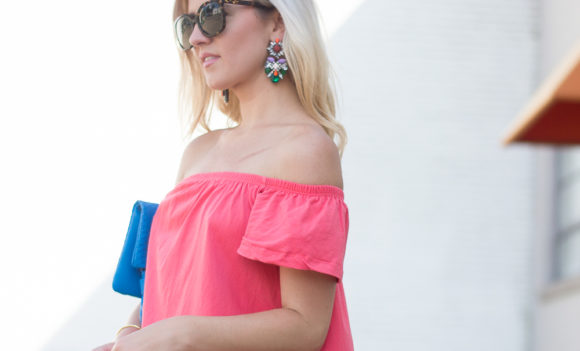 Pink off the shoulder statement earrings