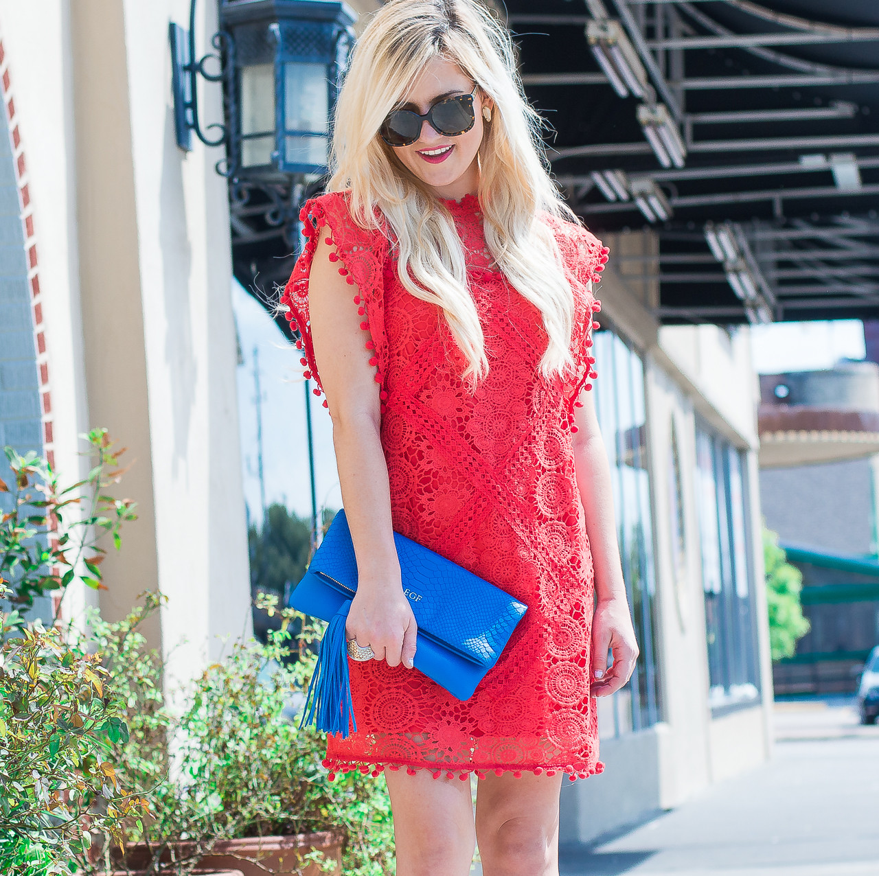 red pom pom sleeve dress