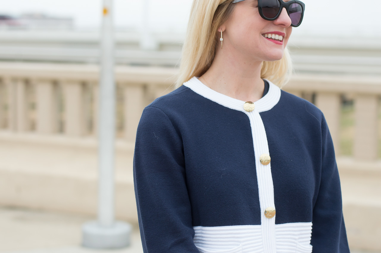 navy white sweater gold buttons