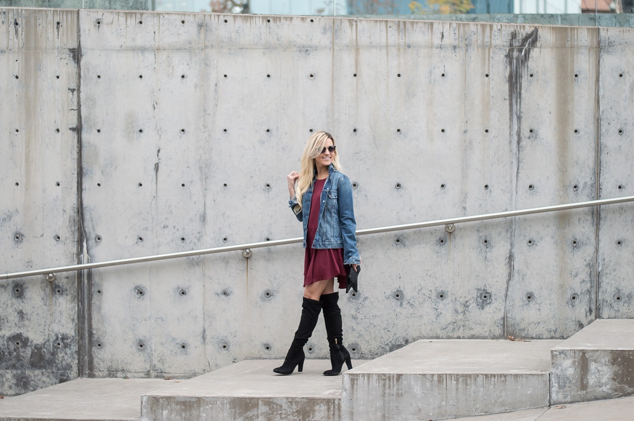 denim jacket over the knee boots