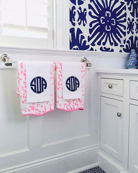 monogram towels blue bathroom pink