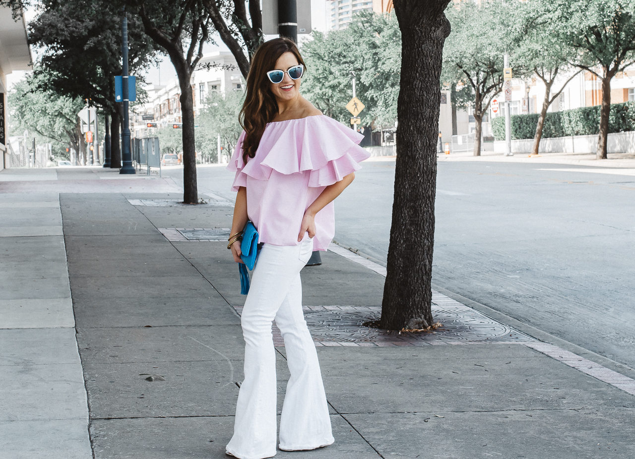pink top white pants