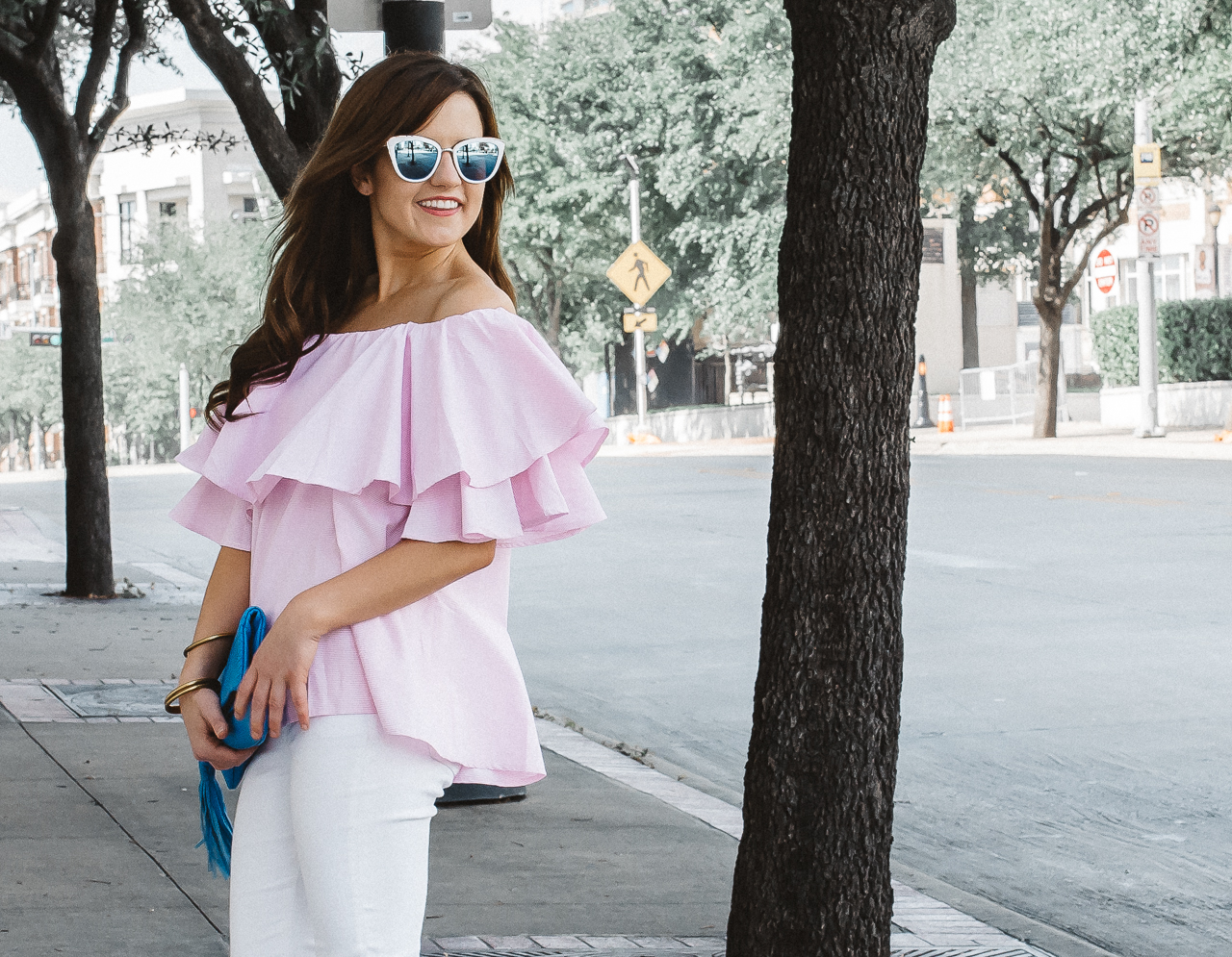 pink off the shoulder ruffle top