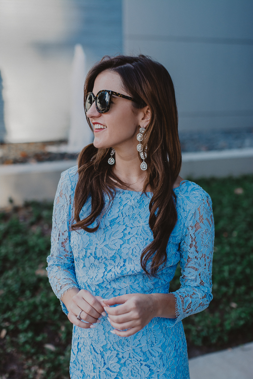 blue lace three quarter sleeve dress