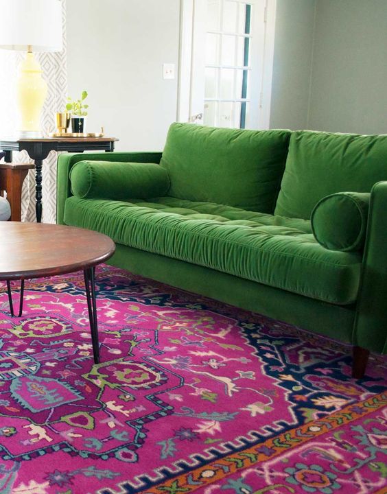 Green Velvet Sofa Pink Rug
