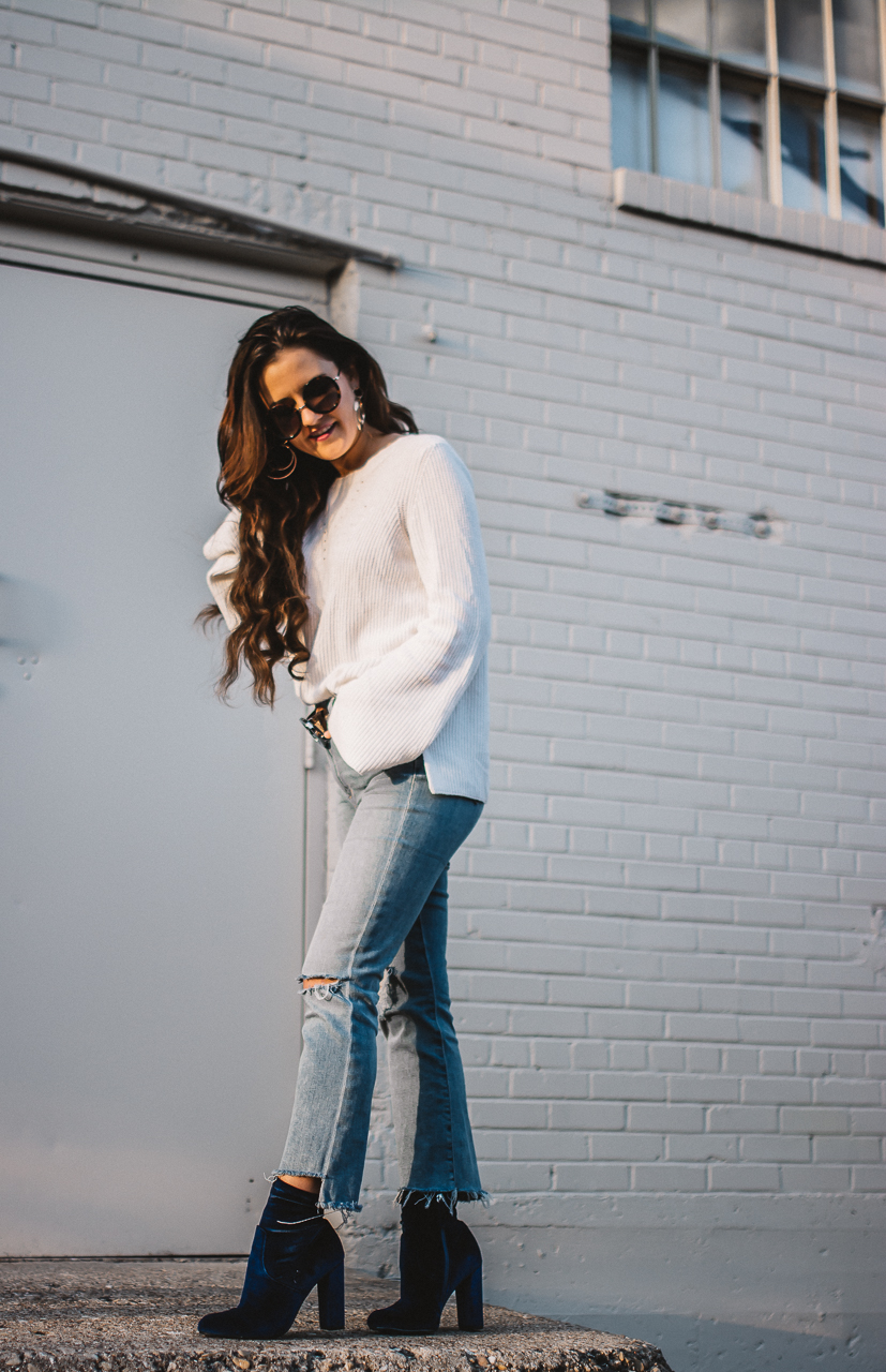 velvet booties and jeans