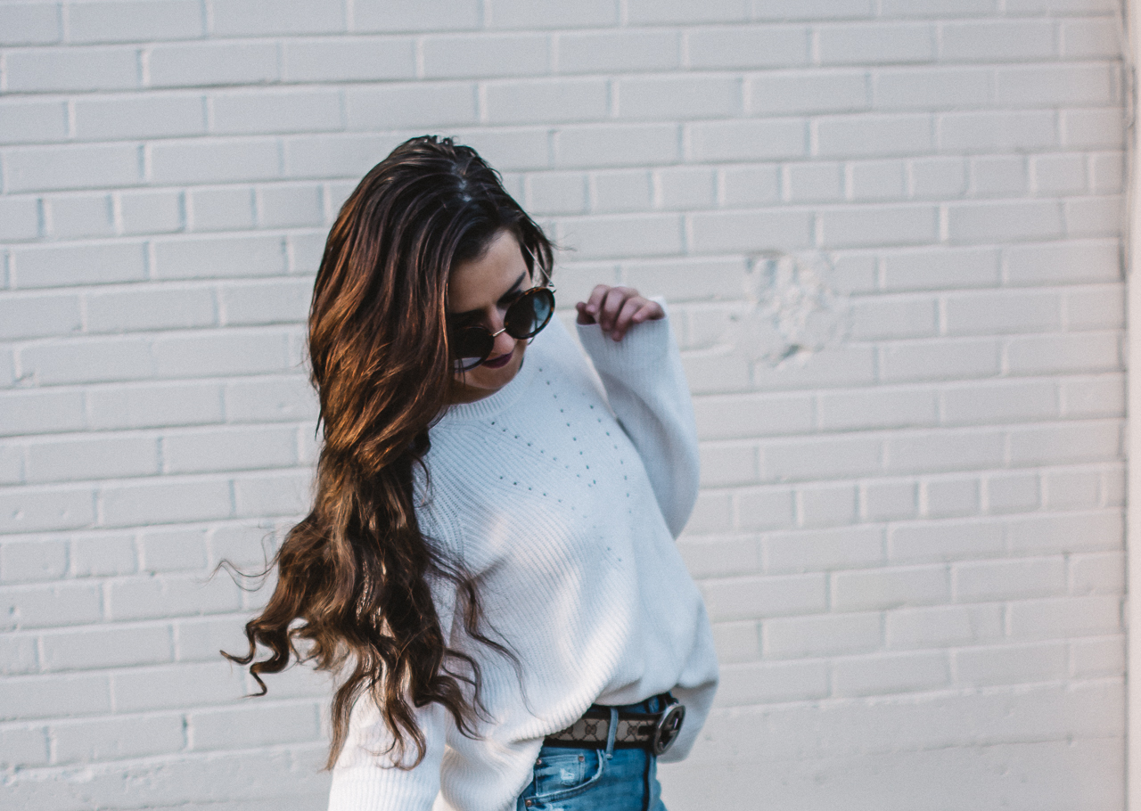White chunky knit sweater fall
