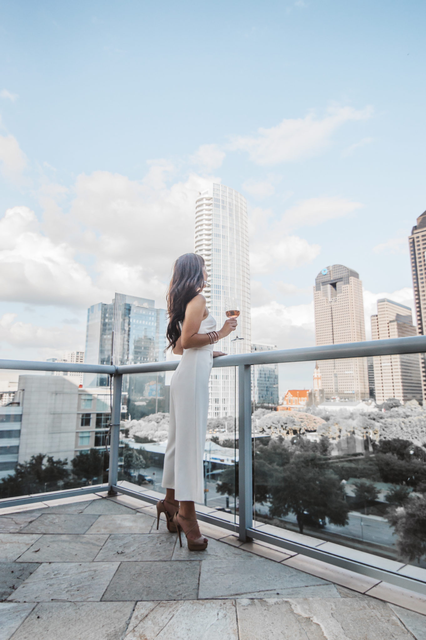 White culottes jumpsuit dallas skyline