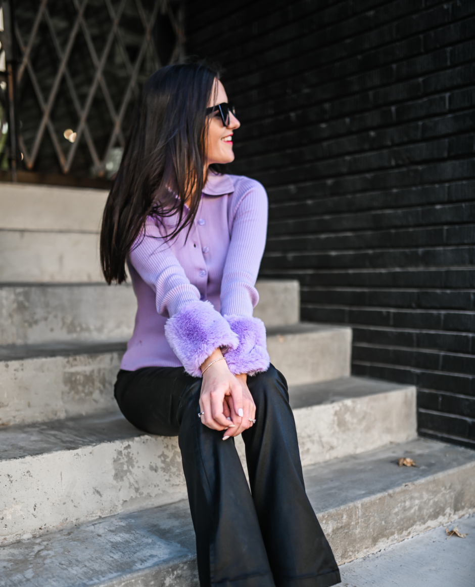purple fur trim cardigan