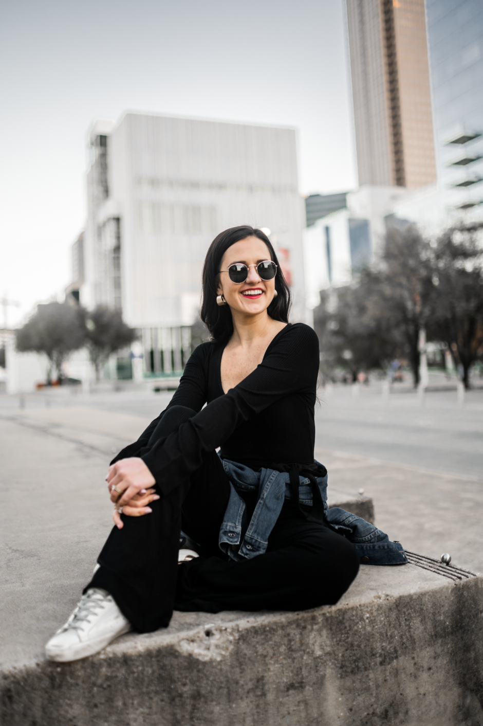 black and denim jumpsuit