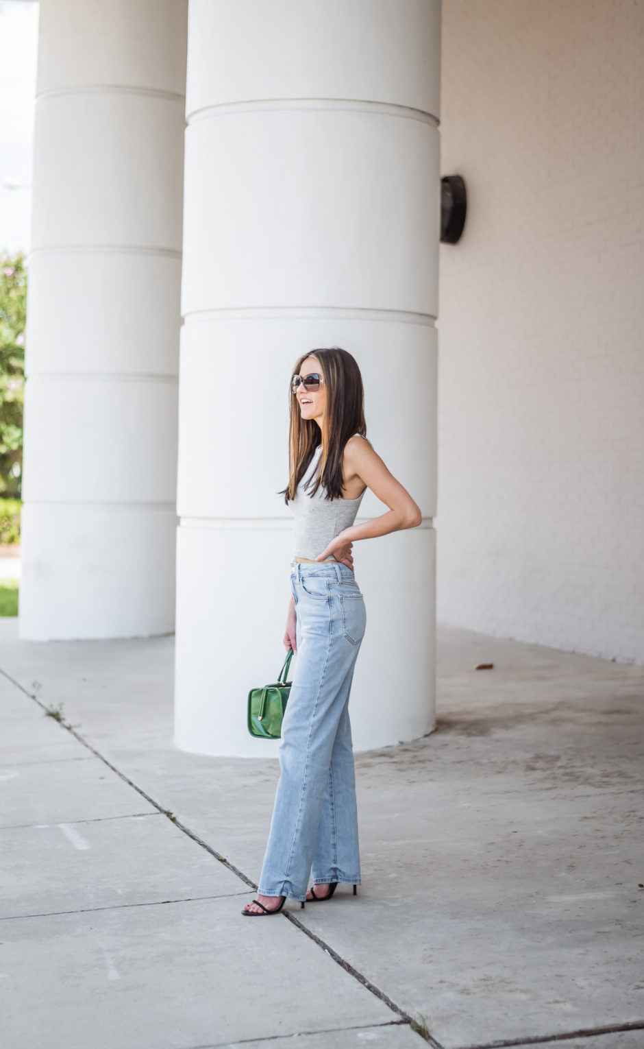 gray tank flared jeans